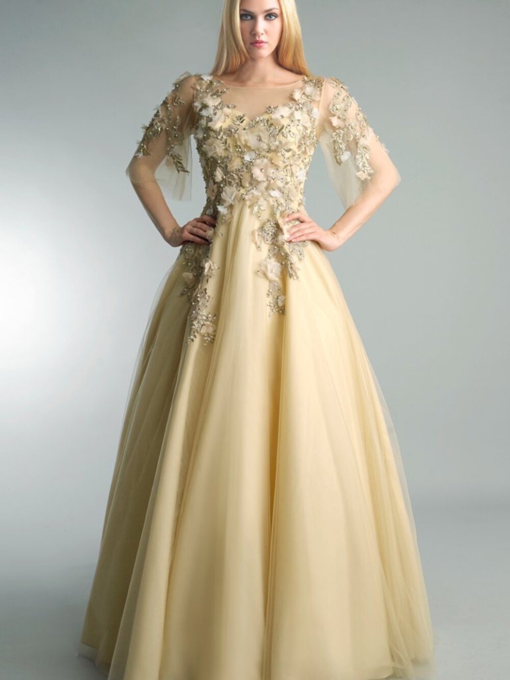 D1066L Embellished Tulle Ballgown With Elbow Sleeves - Champagne